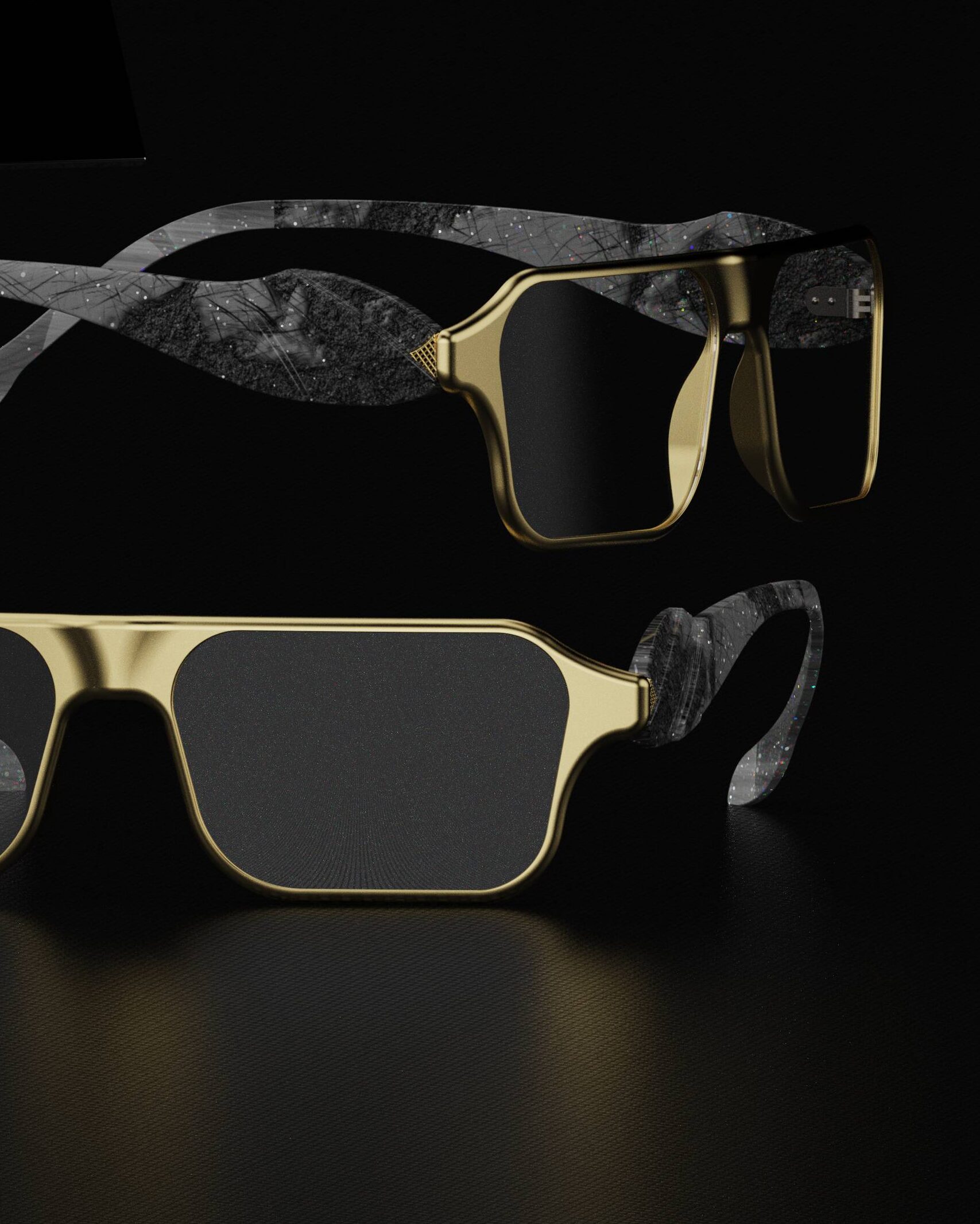 A collection of premium bespoke eyewear including cat-eye, aviator, and geometric frames in gold, silver, and acetate by DesignsAnd.