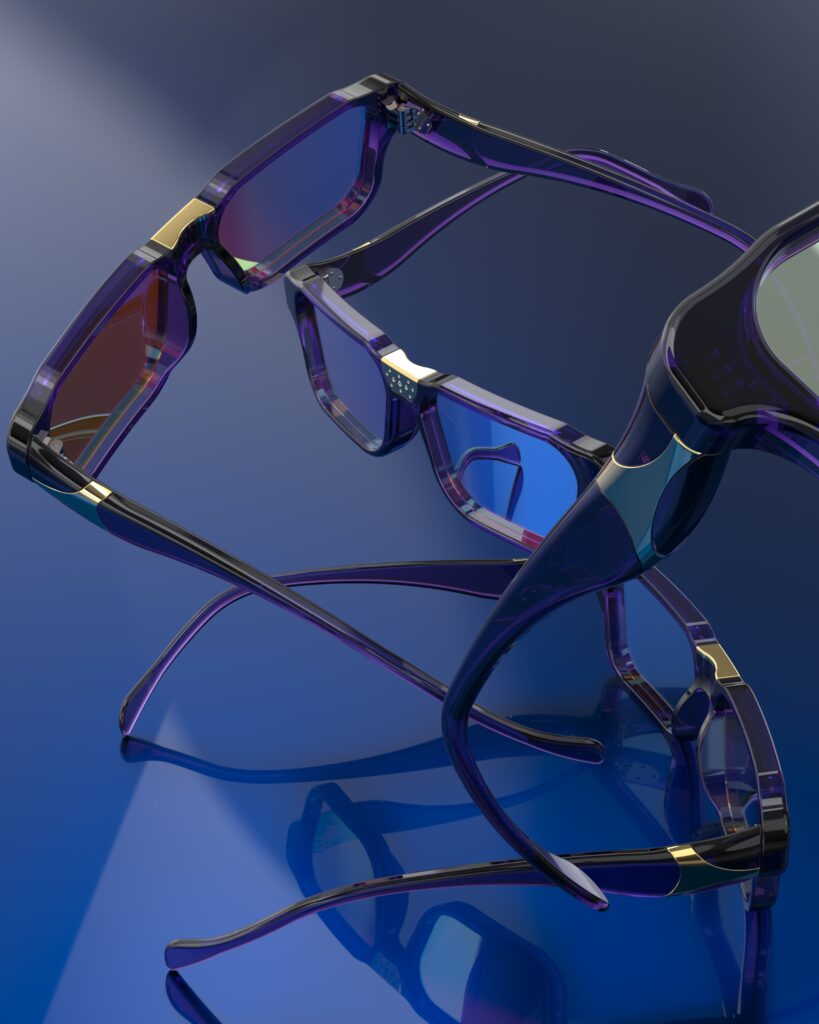 A collection of premium bespoke eyewear including cat-eye, aviator, and geometric frames in gold, silver, and acetate by DesignsAnd.